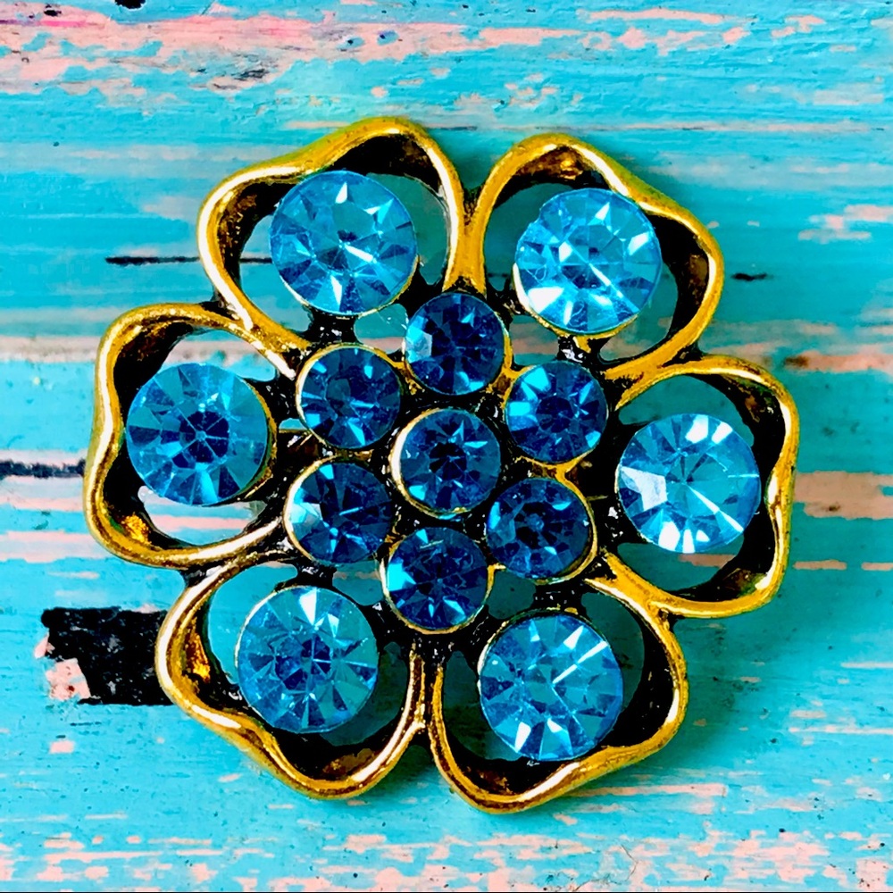 Vintage Inspired Gramacore Style Blue & Gold-Tone Crystal Rhinestone Brooch Pin